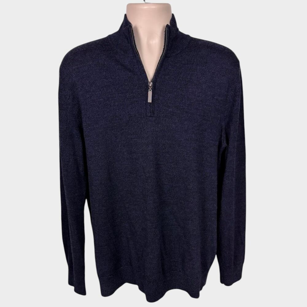 Fairlane Mens Large 100% Merino Wool Quarter Zip Blue Sweater